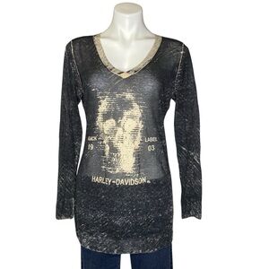 HARLEY DAVIDSON Sheer Long Sleeve Skull Print V Neck Sweater Medium